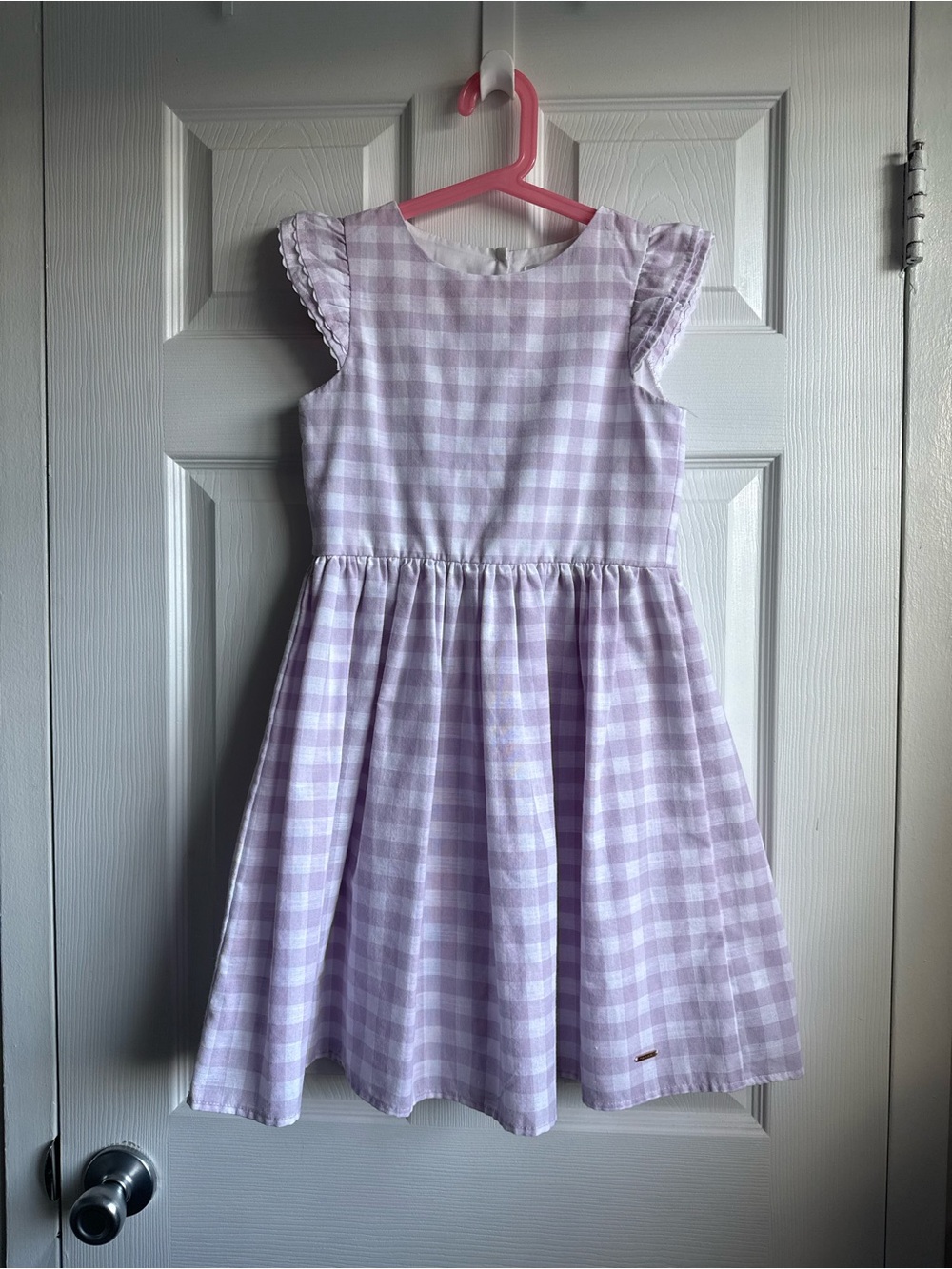 Tahari Girls Gingham Flutter Sleeve Dress Purple White Size 8